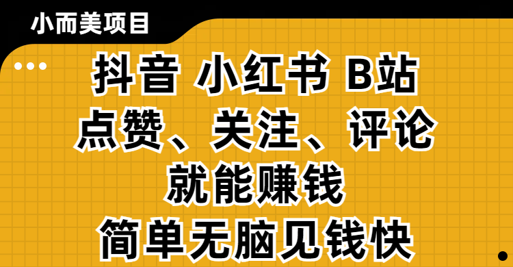 小而美的项目，抖音、小红书、B站视频点赞、关注、评论就能赚钱，简单无脑立见收益！妥妥的零撸项目-云起副业网